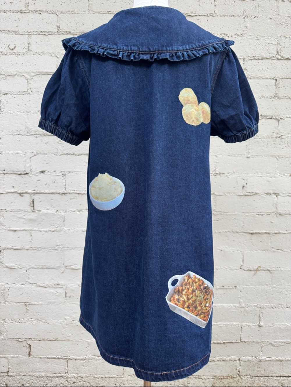 Cider Peter Pan Collar Denim Mini Dress Upcycled Thanksgiving Patches Size M - Picture 7 of 16